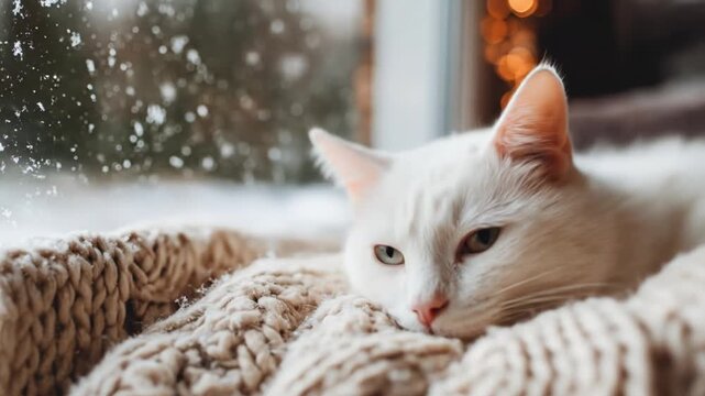 White cat curled in a chunky knit blanket beside a rain-speckled window, serene and cozy. Warm glow!