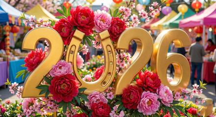 Golden 2026 and horseshoe decorated with flowers