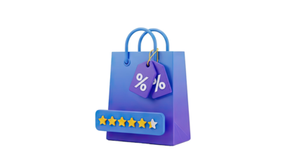 3D Shopping bag with discount tags and star rating on transparent background