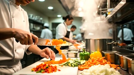 Chef chopping vegetables in busy restaurant kitchen - Powered by Adobe
