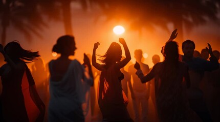 People dancing around Lohri bonfire ceremony at night. Festive mood for indian winter festival. Traditional celebration in winter season.