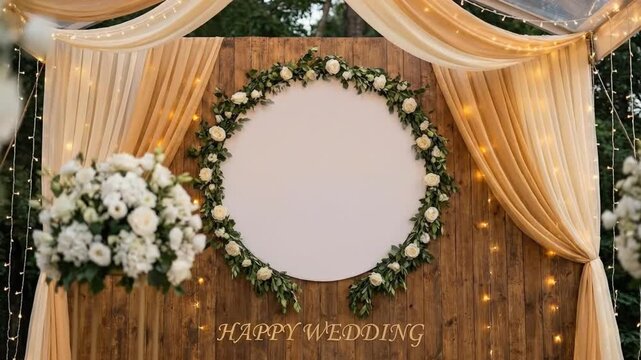 An elegantly decorated event backdrop featuring a rustic wooden wall adorned with a beautiful circular arrangement of pristine white roses and lush green foliage. Soft, flowing beige fabric drapes cas