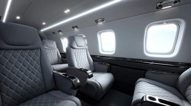 Empty luxury eVTOL aircraft cabin with quilted gray seats and glowing windows, modern air travel interior for future transportation concept.