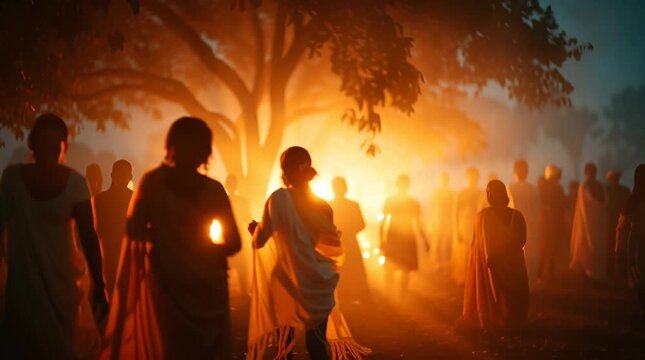People around Lohri bonfire ceremony at night. Festive mood for indian winter festival. Traditional celebration in winter season.