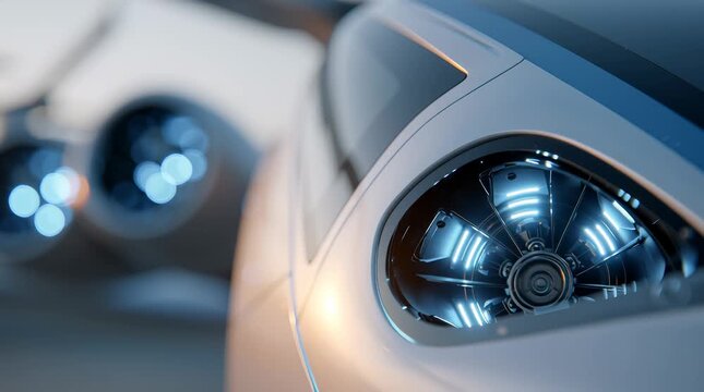 A large detail of the electric Vertical Take-Off and Landing. Flying transport and taxis of the future