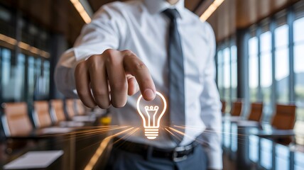 Businessman touching glowing lightbulb in modern office