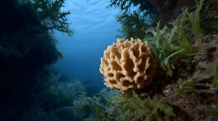 A detailed textured sea sponge adheres to an algae covered underwater rock with sunlight filtering through the blue water