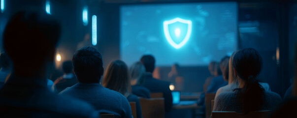 Cybersecurity conference with audience watching digital shield symbol on screen in dark room