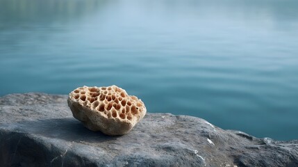 A porous natural stone rests on a larger rock beside tranquil blue water