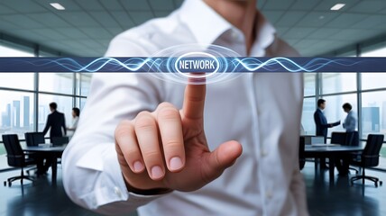 Businessman interacting with network interface in modern office