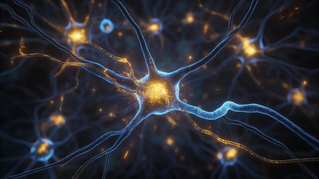 A close-up illustration of a neuron with glowing synapses, depicting electrical signals traveling through a neural network.