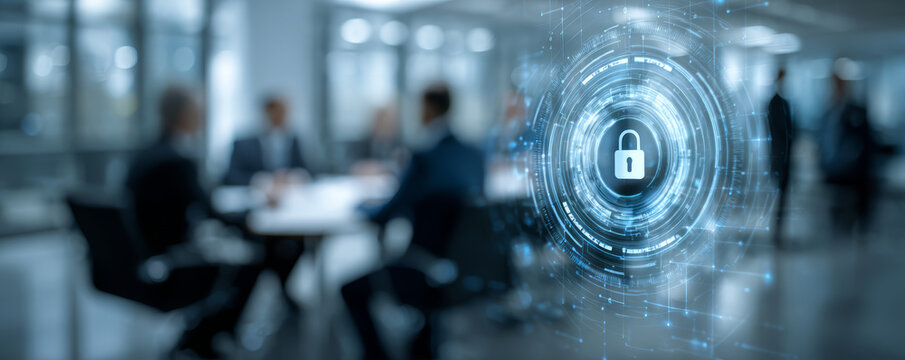 Digital security concept with lock icon and blurred business people meeting in office - Powered by Adobe