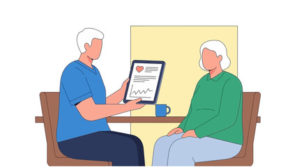 Older man and woman discussing health data on a digital tablet while seated indoors