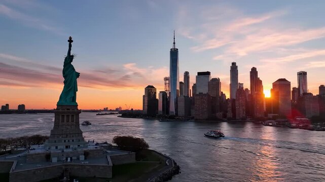 Liberty statue and city skyline at dawn