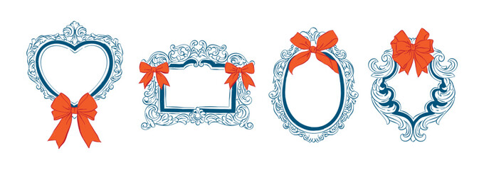 Vintage frame decorated with bow and ribbon, Whimsical drawing vintage ornamental, Antique ornate elegant decorative elements for invitations, greeting cards, scrapbooking, sticker, decorative etc.
