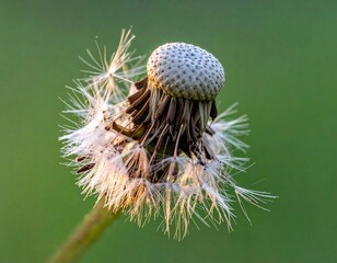 Close-up of a dandelion seed head against a blurred green backdrop