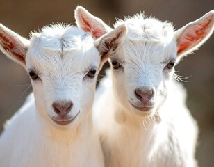 Obraz premium Two fluffy, white baby goats looking toward the camera