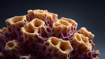 Close up ro view of a porous marine sponge with intricate tubular structures and vibrant colors