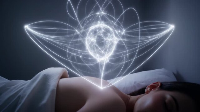 Above a sleeping body, a translucent glowing version floats in the air, connected by a thin, shimmering silver thread. Astral body concept