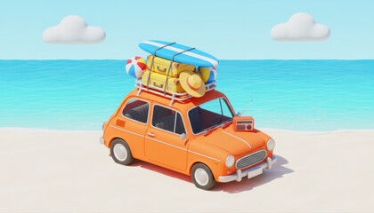 3D orange vintage car with surfboard and luggage on roof standing on sunny tropical beach.