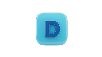3D letter D inside a blue glossy square icon on transparent background