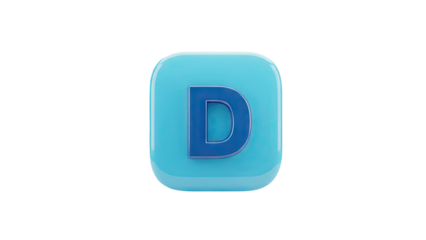 3D letter D inside a blue glossy square icon on transparent background