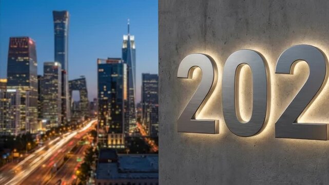 This dynamic split-screen video presents a compelling visual narrative combining modern urban development with conceptual time markers. On the left, a vibrant cityscape unfolds at dusk, featuring a st