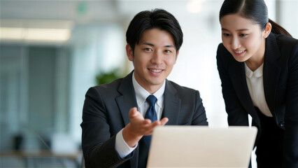 ジェスチャーを交えてパソコンで説明するビジネスマン