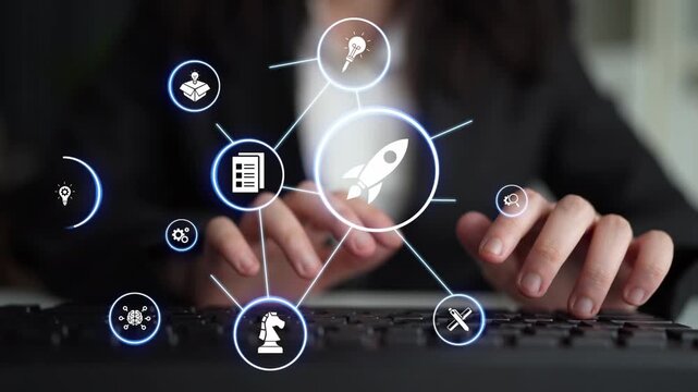 Innovation icons show creativity, teamwork, and project development. Innovation helps organizations design solutions, build strategy, and grow with new business opportunities. Funnel