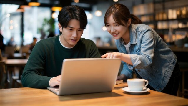 カフェでパソコン画面を見ながら談笑する男女