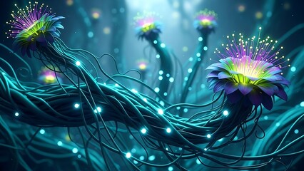 Vibrant digital flowers in futuristic landscape.