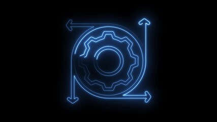 Glowing blue neon gear mechanism with directional arrows indicating cyclical process icon