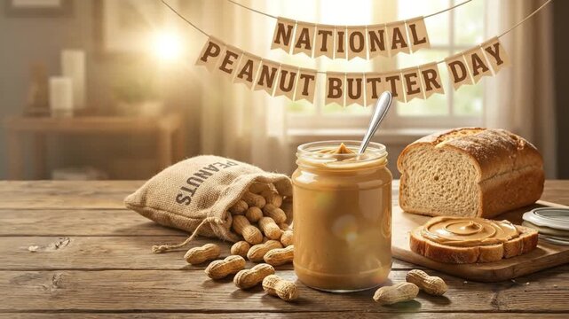 This inviting scene showcases a rustic wooden table adorned with a wholesome array of ingredients. A burlap sack overflows with natural peanuts in their shells, spilling onto the textured surface. Cen