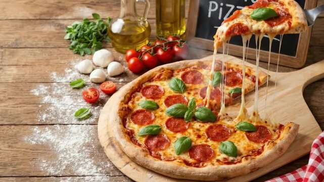 This mouth-watering close-up captures a freshly baked pepperoni pizza, rich with melted cheese and vibrant green basil leaves, served on a rustic wooden board. A delicious slice is expertly lifted, sh
