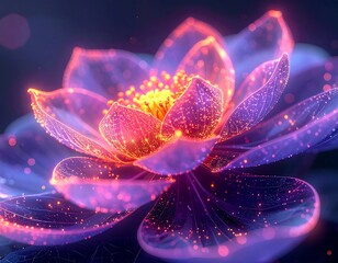 Close-up of a glowing, ethereal lotus flower in purple and orange hues