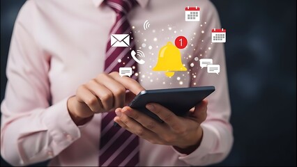 Businessman using smartphone with notification alert icons, concept of digital communication, mobile app notifications, and staying connected.