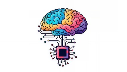 Colorful Brain Connected to Microchip, Digital Intelligence Concept