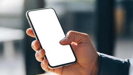 Person's Hand Holding Modern Smartphone Mockup with Blank White Screen