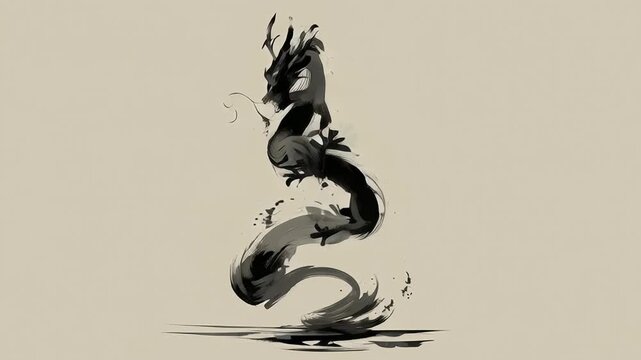 A black dragon is depicted in a painting with a white background. The dragon is depicted in a flowing. Dragon dance motion study, flowing curves against neutral background, calm festive mood