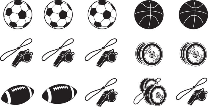 Sports balls and whistles soccer balls basketballs