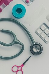 Close-up of stethoscope surrounded by medical supplies including pink scissors, medical tape,...