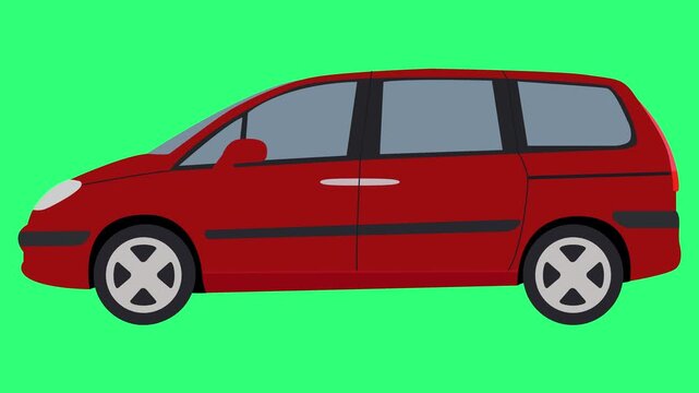 A red minivan with dark windows and silver door handles, depicted in a cartoon style against a vibrant green background.