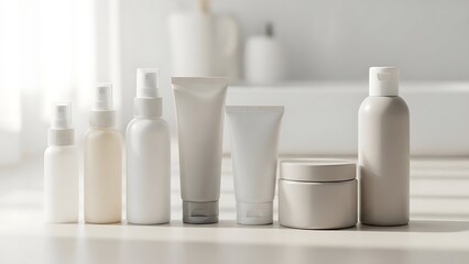 Minimalist skincare essentials collection on clean white surface bathed in natural light.