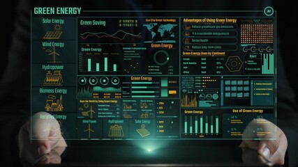 A detailed digital infographic showcasing various sources of green energy, highlighting advantages, statistics, and future trends for eco-friendly technology and sustainable development. Cipher - Powered by Adobe