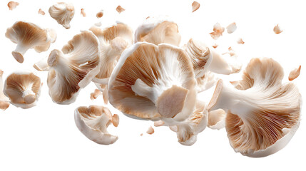 Floating champignon mushrooms with crisp details realistic isolated on transparent background
