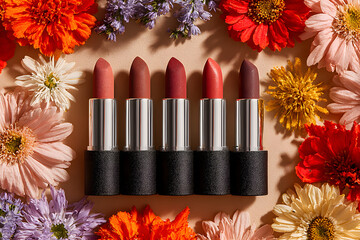 Fashion colorful lipsticks sun shadows from flowers on beige background flat lay top view. Beauty and cosmetics background. Decorative cosmetics makeup women's lipstick beauty brand product design