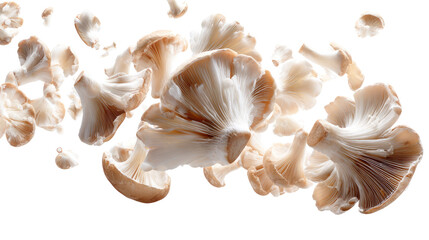 Floating champignon mushrooms with crisp details realistic isolated on transparent background