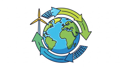 Earth with solar panels and wind turbine in a renewable energy cycle with arrows