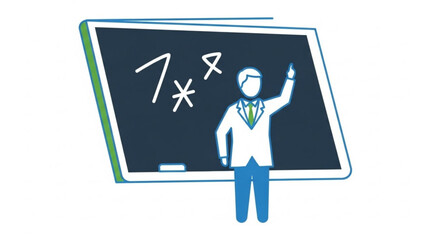 A man in a white shirt and blue pants standing in front of a large digital blackboard with math problems written on it in a classroom setting for education and learning