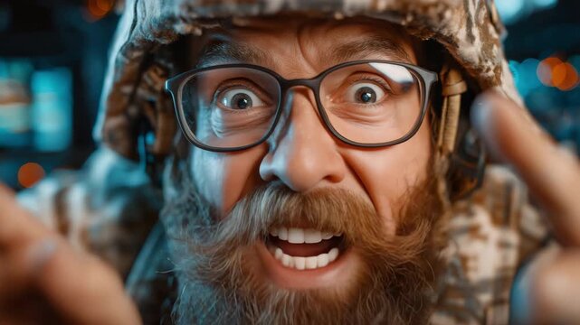 An army dispatcher wearing camouflage gasps in shock as he points to a screen that shows hostile activity.